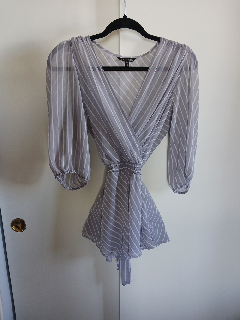 Express Gray Striped Wrap Blouse with Puff Sleeves